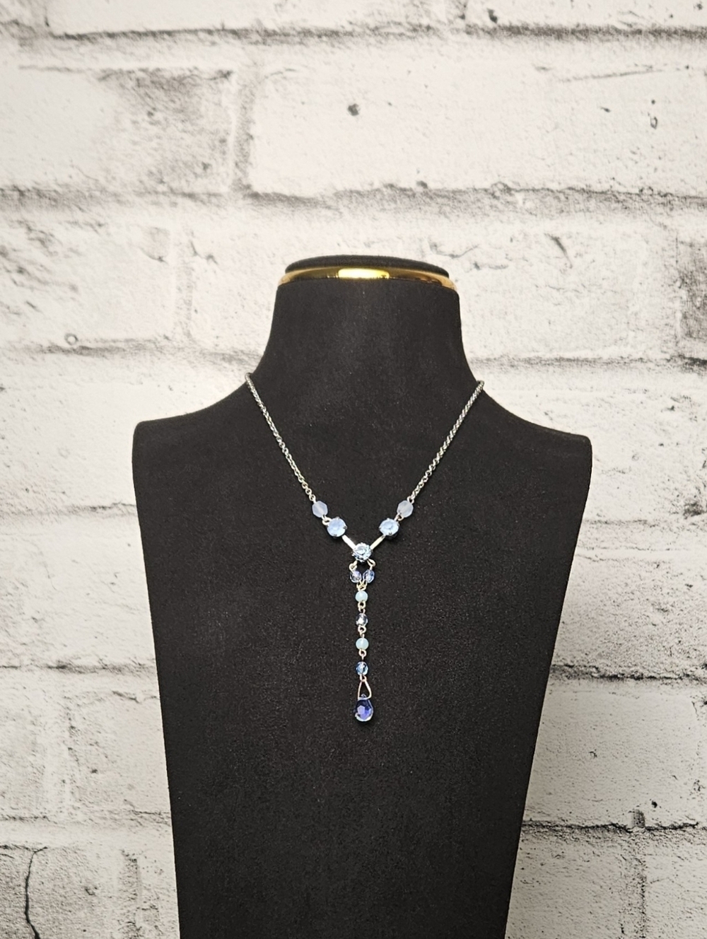 Blue Crystal Lariat Necklace Silver Tone Y Drop Dainty Statement